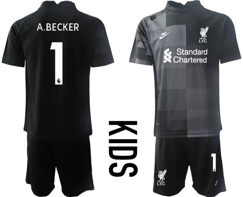 Youth 2021-2022 Club Liverpool black goalkeeper #1 Soccer Jersey->youth soccer jersey->Youth Jersey